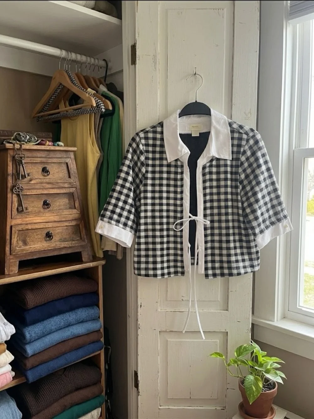 Anthropologie Black & White Gingham Tie-Front Blouse